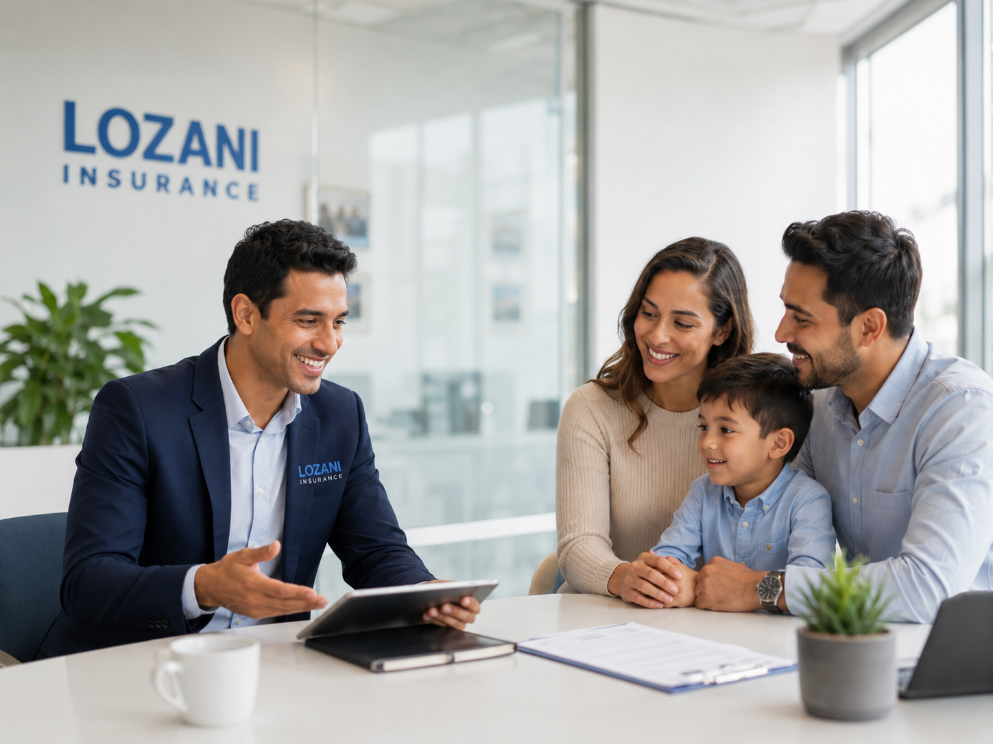 Equipo de Lozani Insurance atendiendo a una familia hispana en Houston